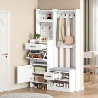 Merax Garderobenständer 7-in-1 Garderobenschrank in Weiß, (1 St, 110x35x175,5 cm), Garderobenständer mit Schuhbank, 2 Schubladen, Schrank, 7 Haken & Rega