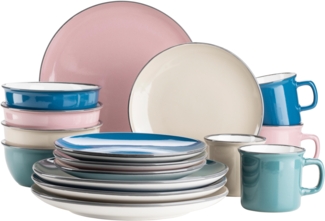 Buntes Vintage-Geschirr-Set aus Keramik fr 4 Personen, modernes Geschirrset im Retro-Look; Petrol/Altrosa/Beige/Dunkelblau