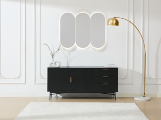 Vente-unique - Sideboard mit 2 Türen & 3 Schubladen - Eichenfurnier & Metall - Schwarz & Goldfarben - SIRIOLA