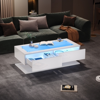Merax 100*50*35cm Couchtisch, Hochglanz Sofatisch, Wohnzimmertisch mit Schubladen, Kaffeetisch mit LED-Licht, Glasplatte, Weiß