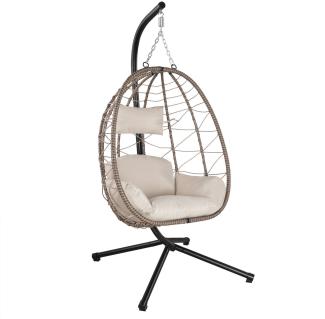 Juskys Hängesessel Aria mit Kissen - höhenverstellbar & faltbar - Polyrattan Hängeschaukel Outdoor & Indoor - Korbhängesessel bis 130kg Beige