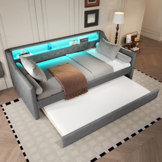 Merax Daybett, 90x200 cm, Schlafsofa, Tagesbett mit Lattenrost (ohne Matratze), Ambientelicht mit Fernbedienung, Bett mit ausziehbarem Bett, USB-Ladebuchse, Linen, Grau