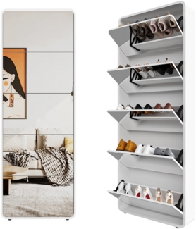 Schuhschrank Spiegel-Schuhschrank, 5 Flip-Schubladen, verspiegeltes Bogen-Design, freistehender Kipp-Schuh-Organizer, Eingangsbereich, Holz Glas, weiß,