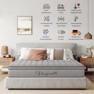 Taschenfederkernmatratze 7-Zonen Matratze 30cm hoch H3 Hybridmatratze Grau TT1, Vesgantti, 30 cm hoch, Öko-Tex, hohe Punktelastizität