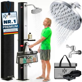 KESSER® Solardusche 40- 60 Liter Solar Gartendusche | warmes Wasser | max. 60°C | Inkl. Metall-Duschablage & Schutzhaube | Pooldusche Camping| Regenduschkopf und Wasserhahn Gartenschlauch-Anschluss Schwarz / Silber, 60 Liter