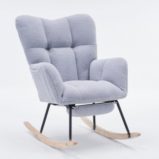 SeedWave Schaukelstuhl Teddy Schaukelsessel Wohnzimmer mit Fußstütze und Seitentasche, Relaxsessel mit Metallrahmen, Massivholzsockel mit Boden Schutzfilz