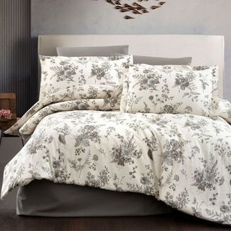 ZIRVEHOME Bettwäsche Baumwolle Bettwäsche-Set Beige Bettbezug Schwarz geblümt Evla V1, Renforce, 2 teilig, Baumwolle Bettbezug Beige mit Blumenmuster in Schwarztönen