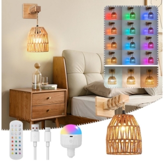 Jibenhome LED Wandleuchte Rattan Wandleuchte Batteriebetriebe,RGB Dimmbar,Akku E27 Glühbirne, 1 Stücke,Fernbedienung, LED fest integriert, Boho Wandlampe Timer und Memory-Funktion