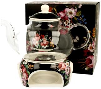 DUO FLORAL Teekanne 1000 ml VINTAGE FLOWERS BLACK mit Stövchen, Glas - New Bone China Porzellan