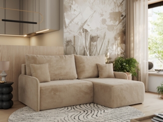 Ecksofa für das Wohnzimmer, mit losen Kissen, Schlaffunktion und Bettkästen, L-förmiges Ecksofa mit Armlehnen, Wellenfeder - ARPA - Beige Plüschstoff - rechte Seite