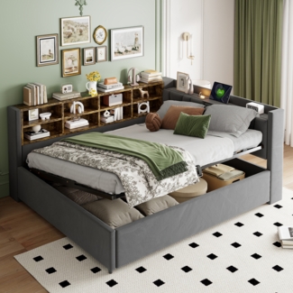 Polsterbett Schlafsofa Mit Hydraulischem Stauraum Mit Nachtlicht USB- und Typ-C-Ladeanschluss Mit Ablagen und Staufächern Gepolstertes Kopfteil Multifunktionsbett Samtstoff Dunkelgrau 140 x 200 cm