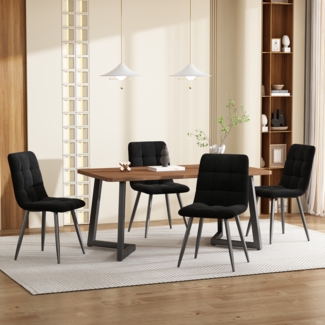 Merax Essgruppe (5-tlg),Esstisch mit 4 Stühlen Set, Moderner Küchentisch Set , Holzmaserung Küchentisch mit Schwarz Metallbeinen, MDF Tischplatte in Walnussfarbe, Schwarz Samt Esszimmerstühle