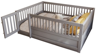 Merax Kinderbett 140x200cm (205/145/60 cm), Massivholz Bodenbett 140x200cm mit Zaun und Tür, ohne Lattenrost