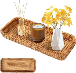BlingBin Aufbewahrungskorb Serviertablett,Badezimmer Eitelkeit Tabletts,Rechteckiges Rattankörbe (1er Set, 1 St, 27.5 x 11 x 4cm), Rechteckiges Korb Aufbewahrung, Natürliches Gewebtes Tablett