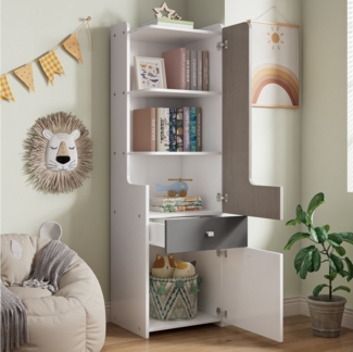 TavilaEcon Bücherregal mit L-förmigen Tür, zweifarbiger Schublade und Aufbewahrungsschränke, Türen mit Scharnieren, mit quadratische Metallknöpfe