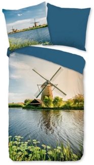 good morning Bettwäsche Baumwolle, Renforcé, 2 teilig, Windmühle, Wasser, Fluss, blau