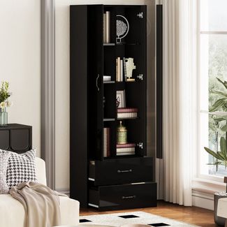 Merax Vitrine Standvitrine mit LED-Beleuchtung und Stauraum (1-St) Standregal Wohnzimmerschrank mit Acryl-Glastür & 2 Türen,60x35x182,5cm