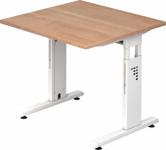 bümö höhenverstellbarer Schreibtisch O-Serie 80x80 cm in Nussbaum, Gestell in weiß - PC Tisch klein für's Büro manuell höhenverstellbar, Computertisch verstellbar, OS-08-N-W