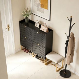 UEV Schuhschrank mit 4 Klappen, Schuhkipper Schmal, Schuhregal mit Metallfüße weiß (Packung, Modern Schuhaufbewahrung mit Oberplatte Schuhkommode mit Kippsicherung) trennwände verstellbar und abnehmbar für verschiedene Schuhtypen