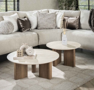 LEVEN Lifestyle Couchtisch VENEZIANA 2´er Set rund Tischplatte in Travertin Optik (2´er Set), Tischplatte aus hochwertiger Keramik
