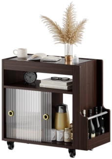 FUFU&GAGA Beistelltisch Rollbarer Beistellwagen mit Glasplatte, dunkelbraun, MDF, 60×30×56 cm