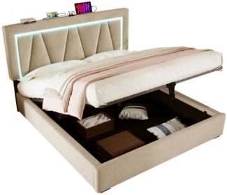 PHOEBE CAT Polsterbett (Stauraumbett mit Lattenrost, 160x200cm), LED Doppelbett mit USB Typ C Ladefunktion, Leinen, Inklusive Matratze