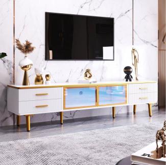 HAUSS SPOLE TV-Schrank TV-Lowboards TV Schrank Fernsehschrank TV-Tisch (Fernsehschrank TV-Lowboard Sideboard Beistellschrank modern, mit 4 Strukturierte Schubladen 4 Füßen) mit Goldenen Griffen und zwei Braune Türen aus Gehärtetem Glas