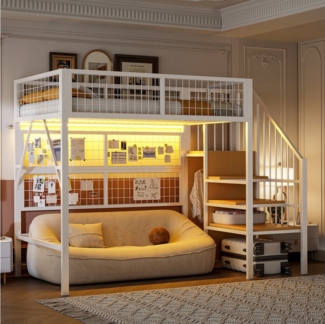 Ulife Hochbett Eisenbett Kinderbett Jugendbett mit LED-Beleuchtung, Kleiderschrank (Ohne Matratze) Treppe mit Stauraum