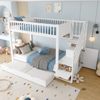 Etagenbett mit 2 Liegeflächen, Gästebett und Stauraum, 90x200 cm, Kinderbett mit Regal, Kleiderschrank und Rausfallschutz, Kiefer