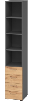 bümö smart Schubladenschrank, Büroschrank in Graphit/Asteiche mit 4 Schüben & 4 Regalfächern - Bürocontainer aus Holz, Container mit Metallgriffen & Soft-Stop Schubladen, 964S4-G-R-BS