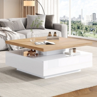 IDEASY Couchtisch 360° drehbar, weiß hochglänzend, multifunktional, 70x70x36 cm, mit 1 Schublade & offenen Fächern, Tragkraft 30 kg, Nussbaum-Design