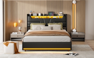 140x200cm Schwarzes PU-Bett mit LED-Beleuchtung, Gasdruckfeder & Ladefunktion