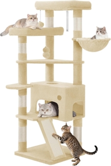 Kratzbaum, 153 cm Katzenbaum, Geräumiges und Stabile, mit 6 Kratzbaum, 1 Bequemen Großes Katzenhaus, 3 Großen Plattformen, Katzenkorb, Pompons, Scratching Board, Beige