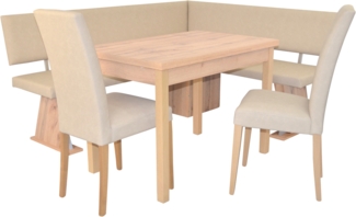 Moderne Eckbankgruppe in Eichedekor, Schenkel 182x150 cm, Auszugstisch, Kunstleder beige