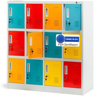 Schließfachschrank Spind für Kindergarten ANNA - 12 Fächer, Etikettenhalter | Umkleideschrank Metall Kleiderspind, 120x109x45cm Mehrfarbig