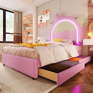 Kinderbett Einhorn 90x200cm Rosa LED-Lichtleiste 2 Schubladen Kunstleder Bett MDF Fantasie Traumbett