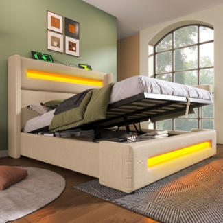 Polsterbett 140x200 cm mit Stauraum und LED in Leinenoptik – mit USB- und Type-C-Anschlüssen