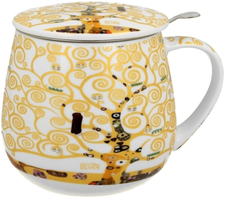 DUO ART GALLERY Becher 430 ml mit Teesieb TREE OF LIFE ECRU inspired by Gustav Klimt New Bone China Porzellan