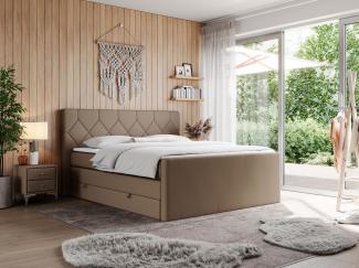 Boxspringbett KING EIGAR, mit einer Doppelmatratze, einem genähten Kopfteil - 140x200 - Braun Kunstleder - H3