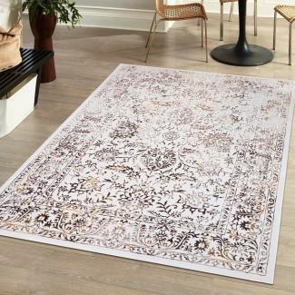 Mazovia Designteppich Vintage Teppich für Wohnzimmer - Glänzende - Creme Beige mit Gold, 80 x 150 cm, Glänzende Vintage, Höhe 10 mm, Kurzflor - niedrige Florhöhe, Weich, Pflegeleicht