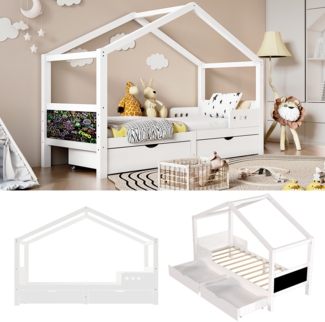 LVHOM Kinderbett 90x200cm Komplettbett Kinderbetten, Hausbett/Holzbett/Massivholzbett/Stauraumbett/Einzelbett, mit 2 Schubladen, Kreidetafel, Massivholzrahmen