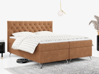 Boxspringbett mit Kopfteil und Topper, Polsterbett - GRIMALDI - 180 x 200 cm - Orange Stoff - H3