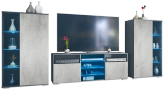 Vladon Wohnwand Davos, (Anbauwand, bestehend aus 2 Vitrinen, 1 TV-Board und LED-Beleuchtung), Anthrazit matt/Beton Oxid Optik (329 x 134 x 35 cm)