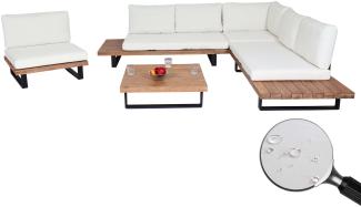 Garten-Garnitur mit Sessel HWC-H54, Lounge-Set Sofa, Spun Poly Akazie Holz FSC® Aluminium ~ hellbraun, Polster cremeweiß