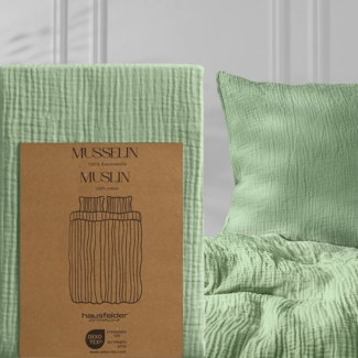 Hausfelder Bettwäsche Musselin 4er Set, 2 x Bettbezug 155x220 + 2 x Kissen 80x80, Hellgrün, 4 teilig, Crinkle-Effekt, temperaturausgleichend, atmungsaktiv, Baumwolle