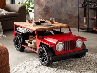 Sofatisch Adventure mit Flaschenregal aus Mangoholz und Offroader-Look – Perfekt für Wohnzimmer oder als Eyecatcher in jedem Raum
