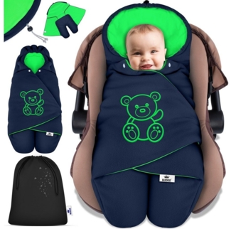 KIDIZ® Baby Einschlagdecke Winter mit Kapuze +Tasche Babyeinschlagdecke Universal für Babyschale, Autositz, z.B. für Maxi-Cosi, Römer für Buggy Babybett Kinderwagen & alle Gurtsysteme 3 & 5-Punkt Gurt Navyblau / Grün
