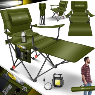 KESSER® Campingliege Campingstuhl 2in1 bis 160kg | Feldbett klappbar | Campingbett faltbar extra breit | Campinglicht & Getränkehalter + Aufbewahrungstasche & Transporttasche | Angelliege verstellbar Khaki / Schwarz
