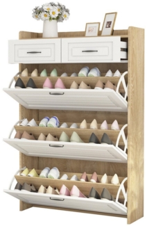 Refined Living Schuhregal Schuhkommode mit drehbarem Schuhschrank, Schuhregal Holzschuhschrank, Maße: B80/T23.5/H120 cm, bestehend aus drei großen Klappen und zwei Schubladen, Modernes minimalistisches Design, mit schwarzen Griffen 1-tlg, Enormer Staur...