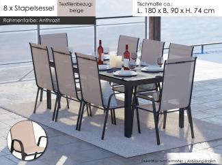 Gartenmöbel Set Alu Tisch 9-tlg. 8x Stapelsessel Essgruppe Gartenset Sitzgruppe beige